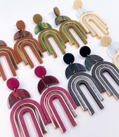 Ozel - Natural Wooden Acrylic Boho Drop Dangle Earrings for Women - Geometric Statement Jewellery - Brown, Black, Magent Red, Olive Green, White beige - color: Arch_Magenta
