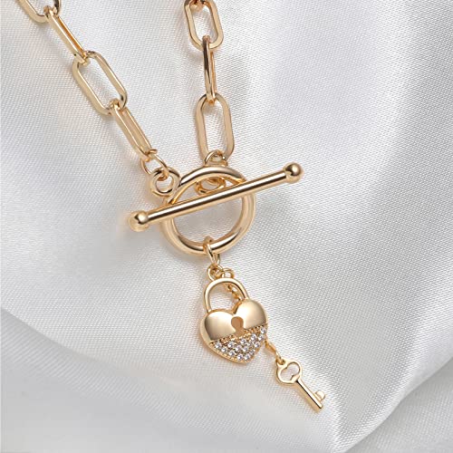 DoreenBeads 18K Gold Sun Moon Star Compass Pendant Necklace | Chunky Toggle Paperclip Chain Necklace with Heart Daisy Bee Charms for Women Girls 20 Inches - color: Padlock & Key