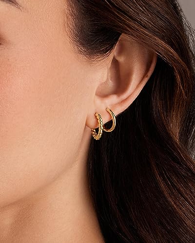PAVOI Gold Hoop Earrings for Women - 14K-18K Yellow Gold Plated 925 Sterling Silver - Hypoallergenic 3-Pair Small Hoop Earings Set with Cubic Zirconia - Rope Teardrop & Chunky Huggie Styles Earscape Piercings - style: Cubic Zirconia