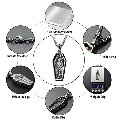 Skull Necklace for Men Stainless Steel Gothic Punk Emo Biker Necklace Jewelry for Men 60cm - style: Retro Coffin Skull