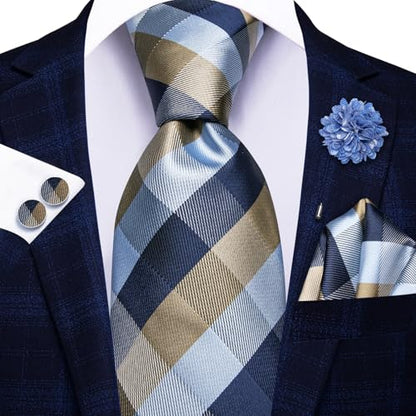 Hi-Tie Men's Silk Ties Formal Woven Classic Necktie Pocket Square Cufflinks Lapel Pin Set Wedding Business - color: A Navy Blue and Grey