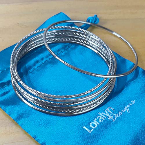 Loralyn Designs Thin Silver Stainless Steel Textured Bangle Bracelet Set of 7 - style: L - 9" Inner circumference