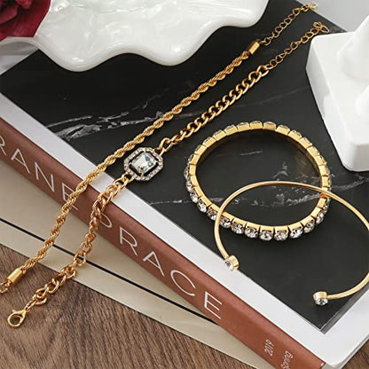 4 Pcs Dainty Gold Silver Bracelets Set for Women 14K Plated Link Cubic Zirconia Paperclip Stake Layering Chain Adjustable Trendy Hand Jewelry - color: Golden