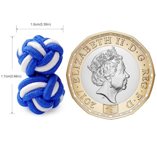 HONEY BEAR Round Silk Knot Elastic Fabric Cufflinks for Men Women 1 Pair | Wedding Business, Tarnish-Resistant, for Groomsmen, Father, Husband, Wife, Anniversary, and Formal Events - style: Blue+White