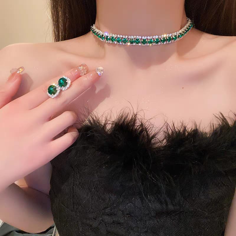Women Rhinestone Crystal Jewelry Set Crystal Tennis Design Rhinestone Choker Necklace Link Bracelet Teardrop Earrings Set Wedding Bridal Bridesmaids Party - color: Green (Silver)