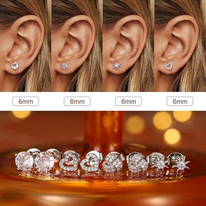 SAILIMUE Hypoallergenic Sterling Silver Stud Earrings for Women Men | Brilliant Heart Knot Round Cubic Zirconia Earring Studs for Sensitive Ears Gold Silver Tone - color: silver-C