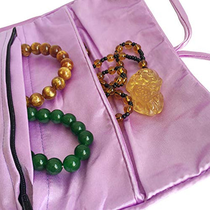 Travel Jewelry Roll Bag - Embroidered Brocade Pouch for Rings, Necklaces, Earrings, Bracelets | Lightweight & Tie Closure (Light Purple) - color: Light Purple