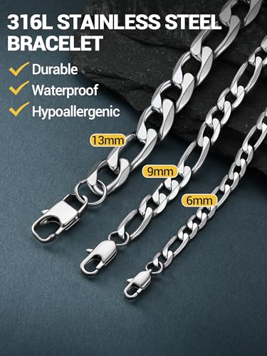 PROSTEEL Bracelets for Men, Figaro/Cuban Mens Bracelet, Silver/Gold/Black | 6/9/13mm Width, 7.5/8.3/9" Length, Stainless Steel Mens Bracelet, Durable & Non Tarnish, Chunky Jewelry with Gift Box - style: B 9mm-Figaro-Sliver