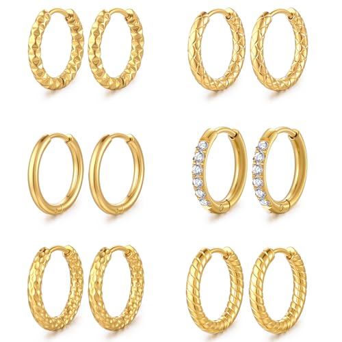 Small Hoop Earrings for Women, Stainless Steel Huggie Hoop earrings, 18G | 2/4/6 Pairs, 6mm/8mm/12mm Small Hoop Earrings, Lobe Helix Conch Tragus Daith Rook Cartilage Piercing Jewelry,Gold Silver - color: Golden-6 pairs Hoop Earrings-10mm
