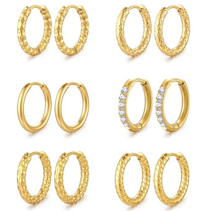Small Hoop Earrings for Women, Stainless Steel Huggie Hoop earrings, 18G | 2/4/6 Pairs, 6mm/8mm/12mm Small Hoop Earrings, Lobe Helix Conch Tragus Daith Rook Cartilage Piercing Jewelry,Gold Silver - color: Golden-6 pairs Hoop Earrings-10mm