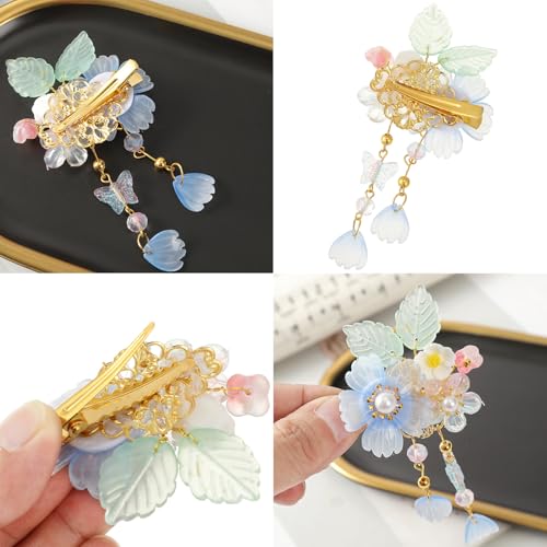 A Pair Wedding Hair Clips, Handmade Floral Design Crystal Hair Clips Pearl Barrettes, Rhinestones Flower Clips Pearl Headpieces Hair Pins Hair Accessories for Women Girls (Light Blue) - color: Light Blue
