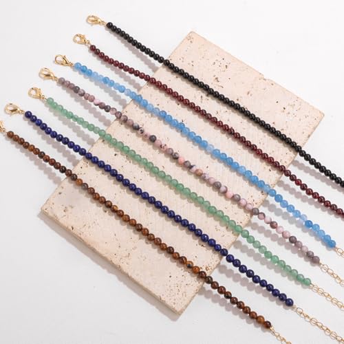Natural Stone Beaded Anklets for Women, Handmade Boho Clear Quartz 4mm Crystal Beads Anklet, Gold Chain Adjustable Ankles Bracelet, Beach Summer Jewelry Gemstone Foot Bracelet Gift - color: Lapis Lazuli