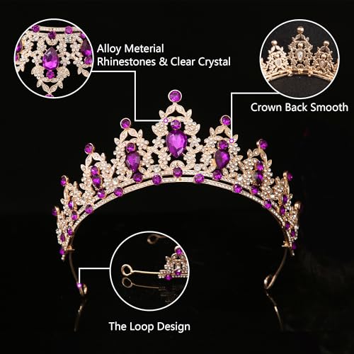 Kamirola - Queen Crown and Tiaras Princess Crown for Women Crystal Headbands for Bridal, Princess for Wedding and Party - color: Gold Violet