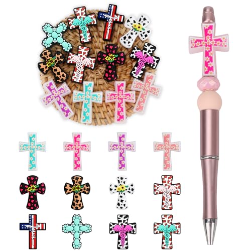 12pcs Cross Silicone Focal Beads for Pens | Focal Beads for Keychain Making,Pens,Bracelet,Necklace Crafts,Bulk Silicone Beads for DIY（Cross） - color: Cross