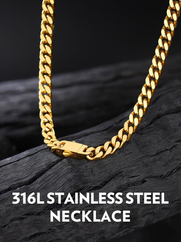 Bandmax Men's Premium Solid Stainless Steel Miami Cuban Link Chain Necklace | Waterproof Tarnish Resistant Chain, Silver Finish/Gold/Black Plated, Easy-open Clasp, 5/7/9/12MM, 18-30 Inches, With Gift Box - color: 02 5MM-14K Gold Plated, size: 18 Inch (46c
