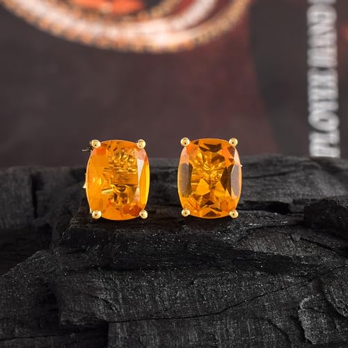 Women's 18K Gold Plated 8x10mm Princess Cut Gemstone Stud Earrings – Birthstone Jewelry for Her – Classic Cushion Studs - color: Citrine