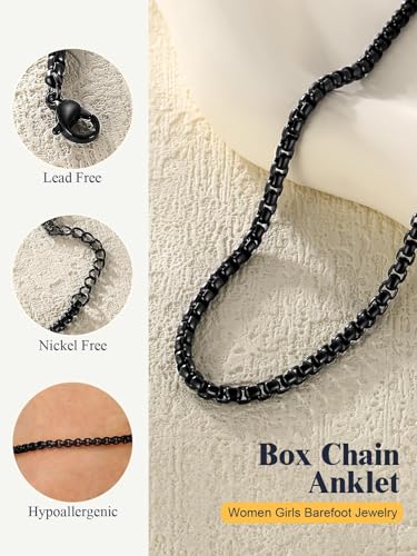 U7 Ankle Bracelets for Women Stainless Steel Waterproof Tarnish Resistant | 18K Gold Plated/Silver/Rose Gold Anklets, Cuban Chain Anklet Bracelets, Perfect for Summer Beach and Vacation Outfits - color: Black-3mm-Box Chain