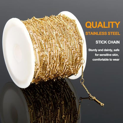 KYUNHOO 5M Gold Plated Jewelry Making Chains Embossed Stick Chain Links | Thin Craft Chains on Spool 304 Stainless Steel Gold Chain for Handcraft DIY - color: Stick Gold