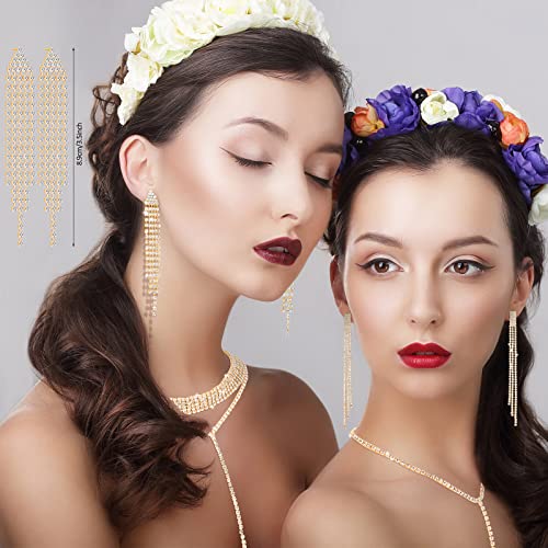Hicarer 9 Pcs Rhinestone Jewelry Set for Women Rhinestone Necklace Bracelet Bangle Earring for Bride Wedding Party Accessory - color: Gold