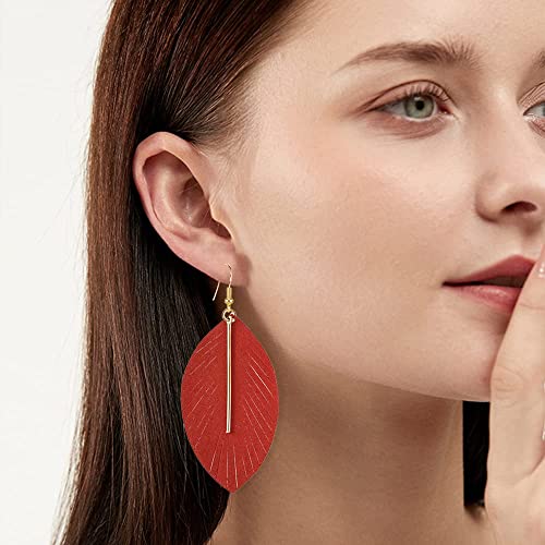 YUNXI Large Genuine Soft Leather Handmade Fringe Feather Lightweight Leaf with Simple Drop Metal Bar Tear Drop Dangle Color Earrings for Women - color: Red