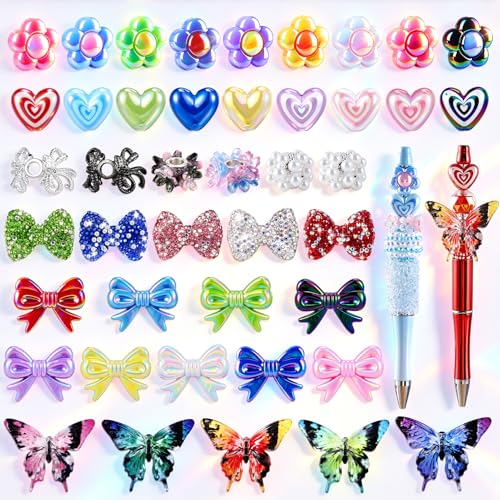 HUISUYTON 43 Pcs Fancy Focal Beads for Pens, Acrylic Focal Bead with Flower Beads Bow Beads Butterfly Beads, Multicolor Beadable Pen Beads for Jewelry Making Keychains Bracelet DIY Supplies - color: 43 Pcs Focal Beads
