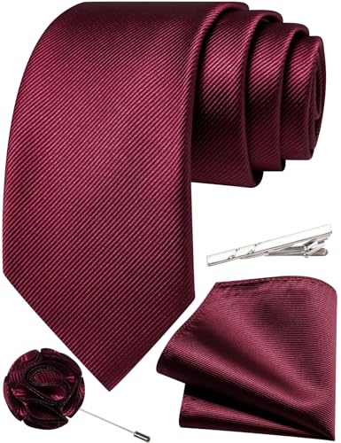 Solid Color Tie and Pocket Square with Tie Clip Lapel Pin Silk Formal Necktie Set Wedding Formal - color: Maroon
