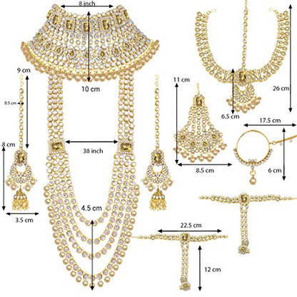 Aheli Traditional Wedding Indian Bharatanatyam jewellery set Long Choker Necklace Earrings Maang Tikka Nath Paasa Hath Phool for Women - color: Champagne