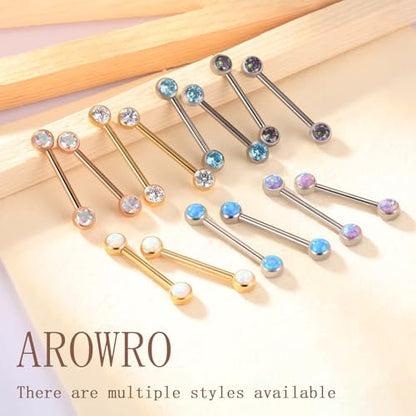 AROWRO Nipple Piercing Jewelry Nipple Rings Titanium Nipple Rings Implant Grade Hypoallergenic 14G Internally Threaded Straight Barbells with Cubic Zirconia Opal Gold Silver Rose Gold Black 12mm 14mm 16mm 18mm 20mm - color: Silver+Purple Opal