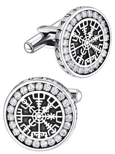 FaithHeart Mens Cufflinks, Norse Viking Tuxedo Shirt Cuff Links, Stainless Steel Cuff Links and Shirt Studs, Gift Box - style: 01. Compass CZ-Silver