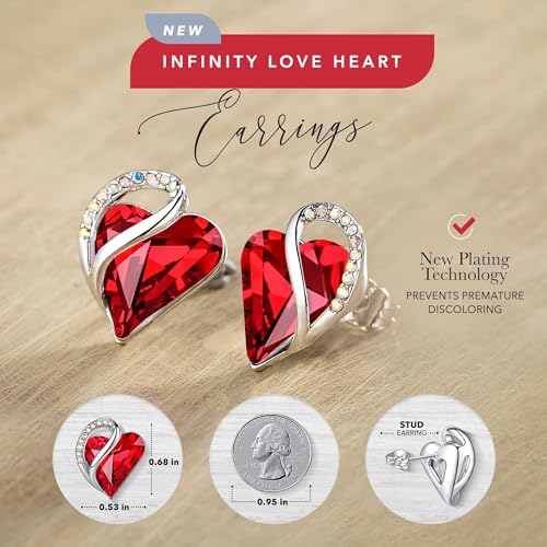 Infinity Love Heart Stud Earrings for Women, Birthstone and Healing Stone, Gifts for Mom, Wife, and Her, Silver Plated - color: 01-January & July-Siam Ruby Red