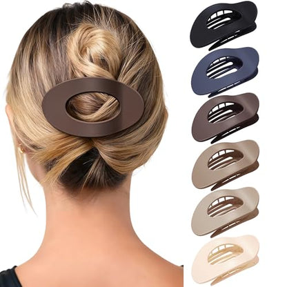 Mesovor 6 Pack Flat Hair Claw Clips, 4.33" Nonslip Round Lay Hair Clips | Strong Hold French Large Flat Hairclips for Lying Down, Yoga, Driving (Brown Matte) - color: Brown Matte