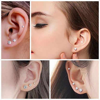 Titanium Surgical Steel CZ Screw Back Stud Earrings Set Hypoallergenic | Cubic Zirconia, Stainless Steel, Mens, Small, Dainty, Silver, Hypoallergenic for Sensitive Ears, Lobe, Cartilage, Helix - color: Round Clear - 3/4/5/6/7mm