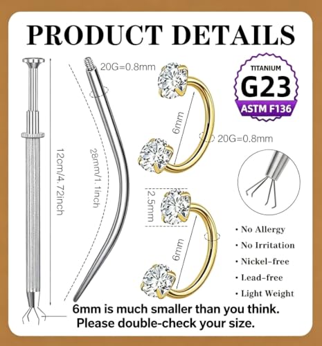G23 Titanium Horseshoe Nose Ring 20G, 2 Pcs Double Gem Nose Ring for Women, 6mm 7mm 8mm Hypoallergenic Horseshoe Nose Rings Helix Tragus Earring Hoops Labret Lip Piercing Jewelry Small Septum Rings - color: 20G-6mm-2 Pcs Gold--White CZ