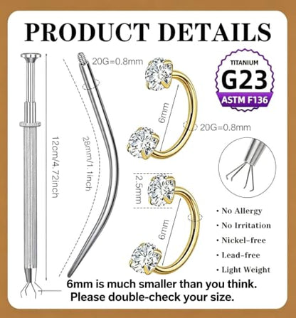 G23 Titanium Horseshoe Nose Ring 20G, 2 Pcs Double Gem Nose Ring for Women, 6mm 7mm 8mm Hypoallergenic Horseshoe Nose Rings Helix Tragus Earring Hoops Labret Lip Piercing Jewelry Small Septum Rings - color: 20G-6mm-2 Pcs Gold--White CZ