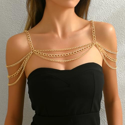 Gold Body Chain Shoulder Necklace Body Chain Layered Tassel Shoulder Chain for Festival Party Bridal Wedding Body Jewelry