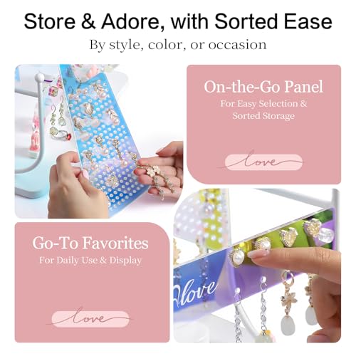 Keebofly Iridescent Acrylic Earring Organizer Holder for Girls, Tweens & Women - 900 Holes Jewelry Display Stand with Rainbow Glow for Studs, Hoops, Dangles - Modern Vanity Gift - color: Iridescent Arcylic & White