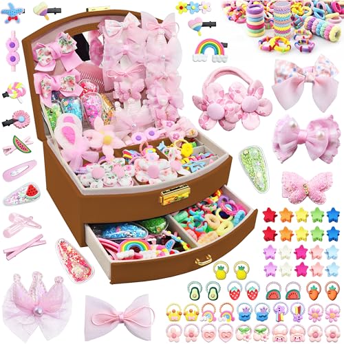 252Pcs Girls Hair Accessory for Back to School Gift with Brown Jewelry Box | Hair Stuff Including Jewelry Box for Neat Storage Clips Ties Bows for Little One Teen Age 3-12 Birthday Gift - color: BROWN