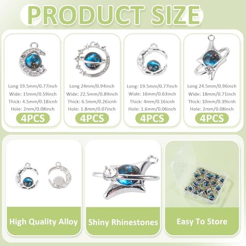 Blue Alloy Rhinestone Charms Cute Moon Star Planet Glass Charm | 16pcs 4 Styles Celestial Rhinestone Pendants Romantic Alloy Metal Charm with Glass for DIY Necklace Bracelet Jewelry Making - color: Dodger Blue
