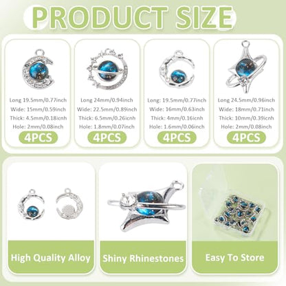 Blue Alloy Rhinestone Charms Cute Moon Star Planet Glass Charm | 16pcs 4 Styles Celestial Rhinestone Pendants Romantic Alloy Metal Charm with Glass for DIY Necklace Bracelet Jewelry Making - color: Dodger Blue