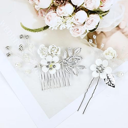 Cinaci 18 Pieces Bridal Wedding Party Prom Pearl Rhinestone White Flower Hair Side Combs Slides+U-shaped Flower Hair Pins+Twist Spiral Hairpins Floral Headpieces for Brides Bridesmaids Women Girls - color: White