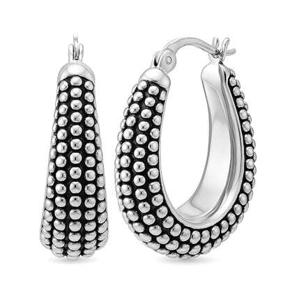 LeCalla 925 Sterling Silver Bali-Style Hoop Earrings Lightweight Click-Top Antique Two-Tone Beaded Italian Bali Style Earring Hoops for Women - style: Oval Beaded