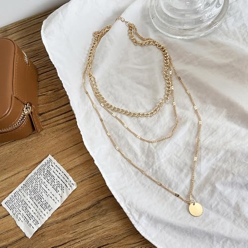 3Pcs Gold Circle Pendant Necklace Set Dainty Layered Stacked Pearls Chain Choker Necklace Trendy Birthday Jewelry Accessory Gift for Women - color: Gold Coin