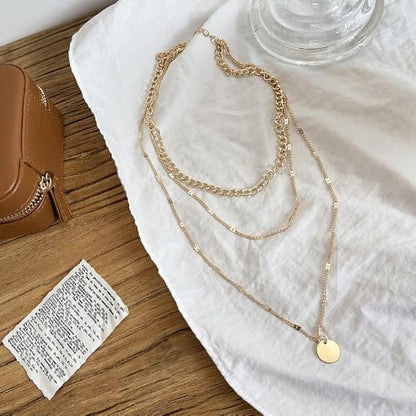 3Pcs Gold Circle Pendant Necklace Set Dainty Layered Stacked Pearls Chain Choker Necklace Trendy Birthday Jewelry Accessory Gift for Women - color: Gold Coin