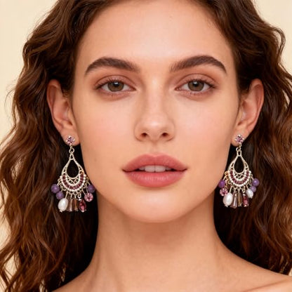 Fringe Dangling Tassel Earrings for Women, Handcrafted Chandelier Long Bohemian Beaded Cubic Zirconia Crystal Imitation Pearls Inlay Statement Boho Chain Hook Earrings for Wedding Party - color: Gold Teardrop Purple Crystal