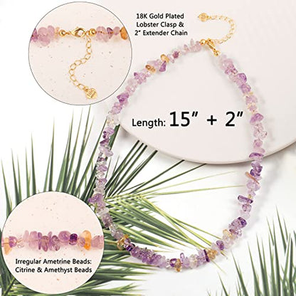 Aobei Pearl Gemstone Beaded Choker Necklace for Women Boho Turquoise/Cultured Freshwater Pearls/Garnet/Amazonite Jewelry - color: G Purple & Yellow Ametrine
