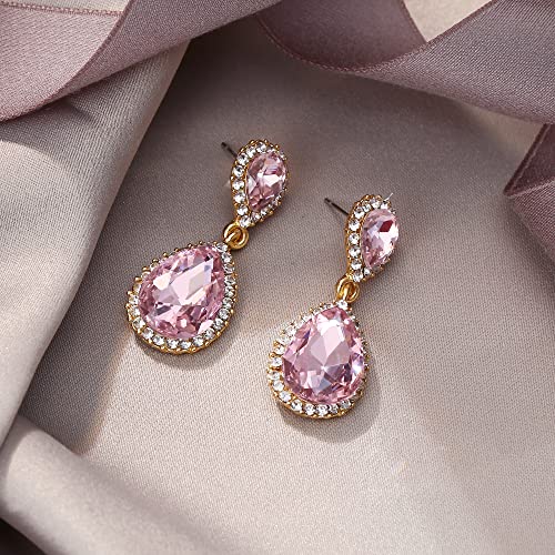 EVER FAITH Women's Austrian Crystal Wedding Tear Drop Dangle Earrings | Bridal Prom Jewelry for Bride Bridesmaid - color: Pink Gold-Plated-Base