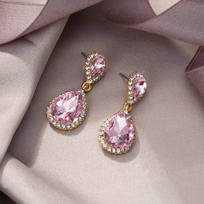 EVER FAITH Women's Austrian Crystal Wedding Tear Drop Dangle Earrings | Bridal Prom Jewelry for Bride Bridesmaid - color: Pink Gold-Plated-Base