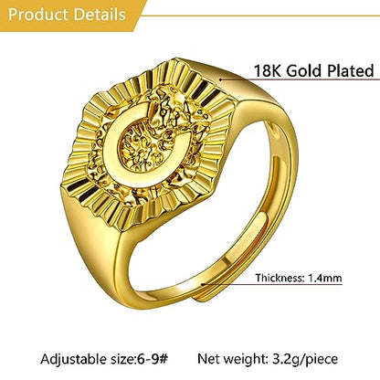 U7 Initial Ring Wedding Band for Men Women 18K Gold Plated Statement Hexagon A-Z Letter Jewelry Personalized Stackable Signet Rings - color: C