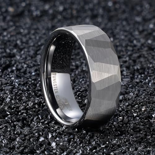 2/4/6/8mm Black/silver/gold Tungsten Rings for Men Womens Couple Fashion Jewelry Promise Engagement Wedding Band Hammered Inner ring inlaid with olive wood Carbide Polished Edge Comfort Fit - color: 8MM silver