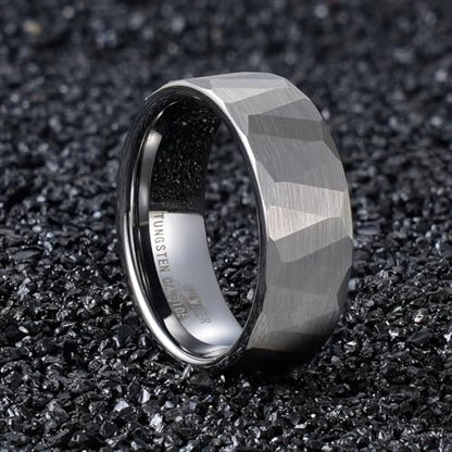 2/4/6/8mm Black/silver/gold Tungsten Rings for Men Womens Couple Fashion Jewelry Promise Engagement Wedding Band Hammered Inner ring inlaid with olive wood Carbide Polished Edge Comfort Fit - color: 8MM silver